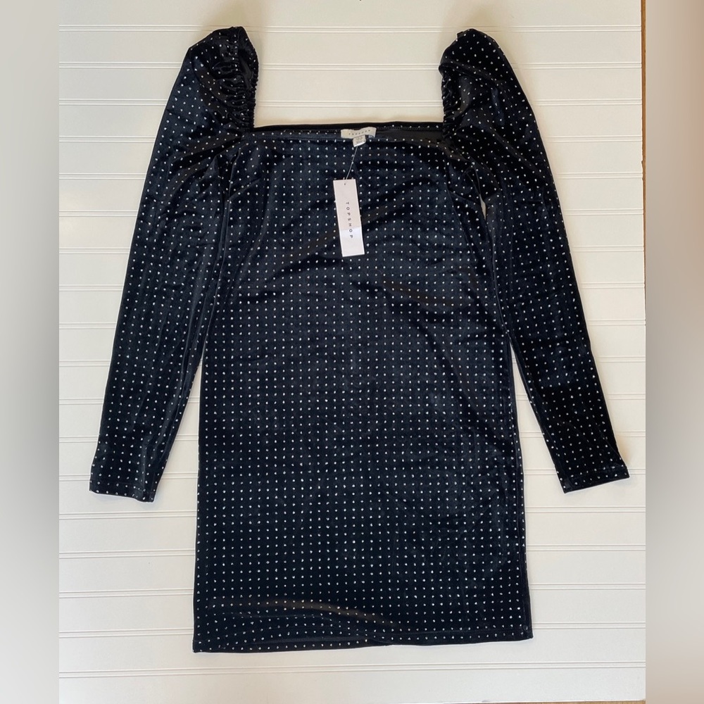 Topshop Velvet Black Long Sleeve Dress with Silver Dots